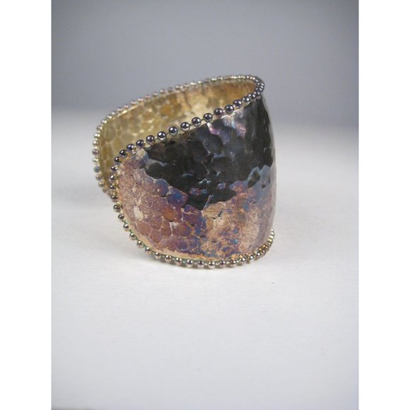 Hammered Wide Cuff Bracelet Ball Bead Pale Goldtone Animal Print TARNISH - Picture 6 of 8